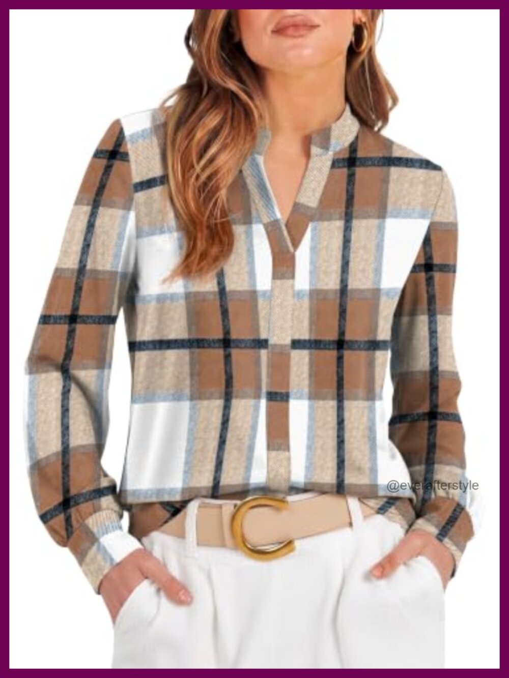 Women's Long Sleeve Business Casual Blouse V-Neck Plaid Work Top